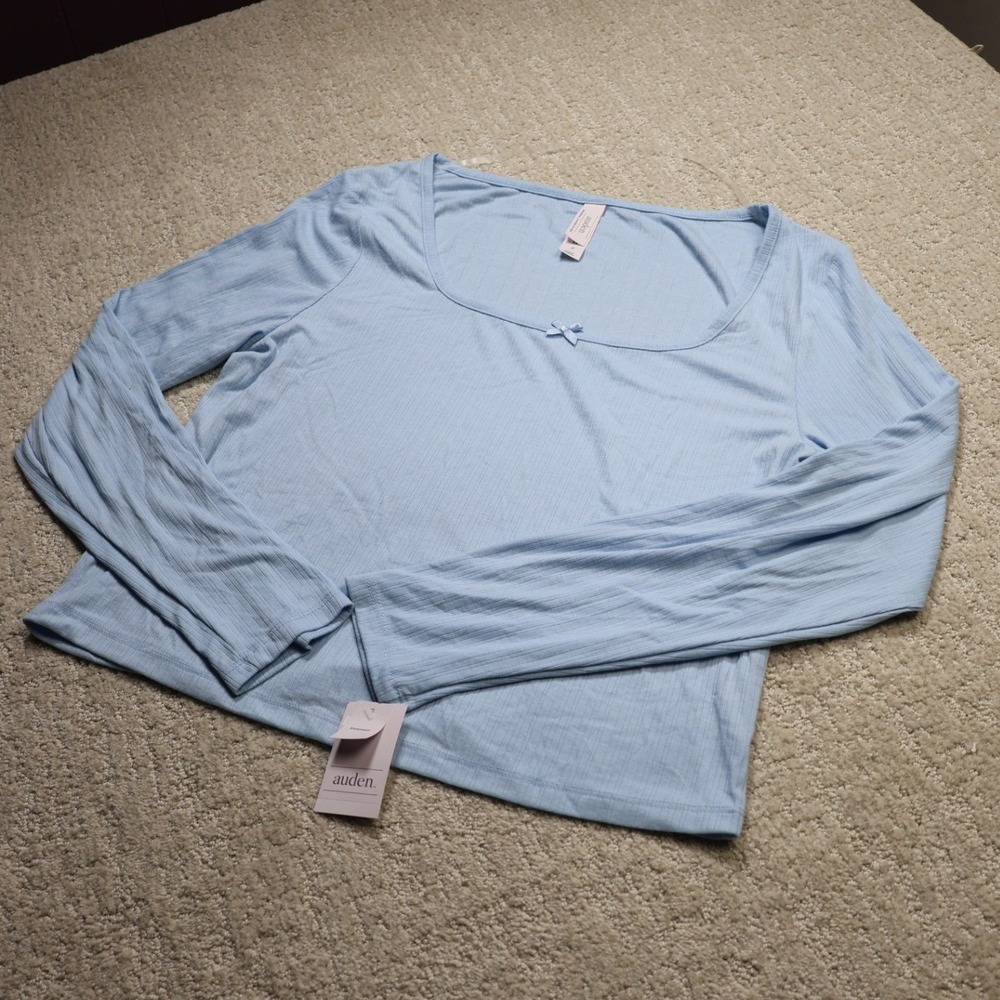Auden Womens Ribbed Long Sleeve Pajama Top Light Blue XL NWT